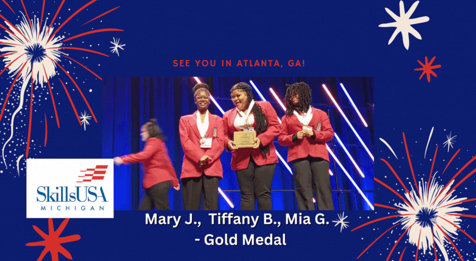 SkillsUSA State Champions smiling with their gold medals and wooden plaques.